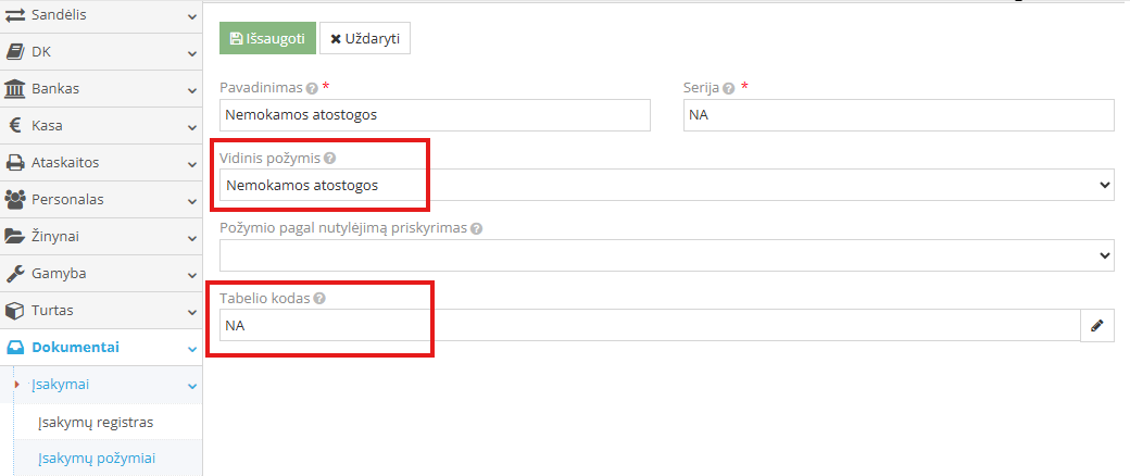 Įsakymo požymio užpildymo langas
